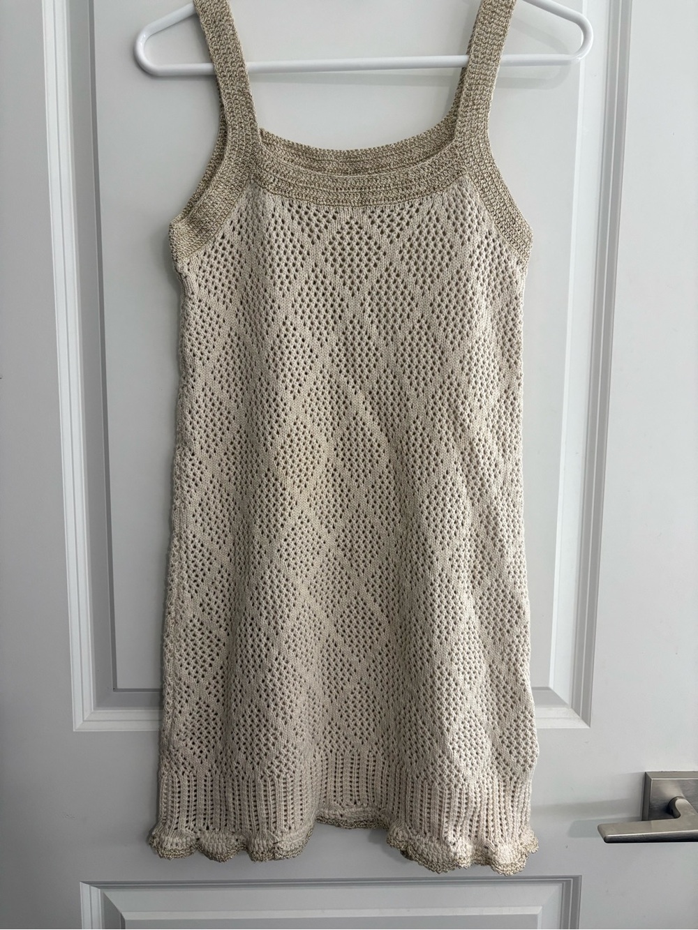 VENUS Cream Crochet Knit Mini Dress Gold Metallic Trim Diamond Mesh